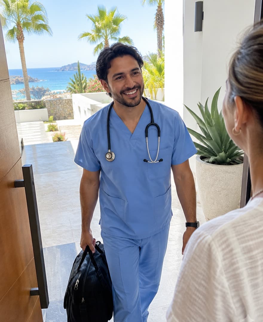 Doctor with a stethoscope arriving at the door of a villa in Los Cabos