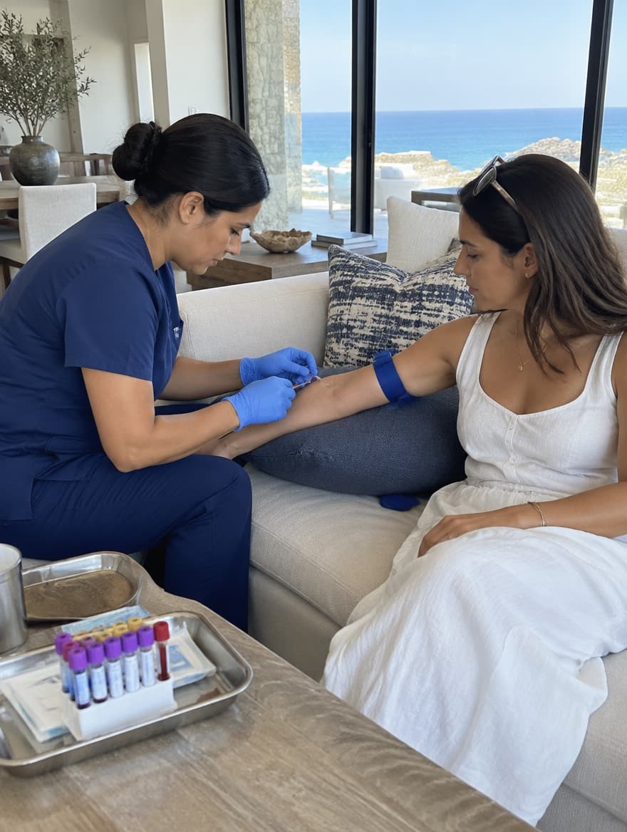 Nurse collecting a blood sample from a guest in a villa living room