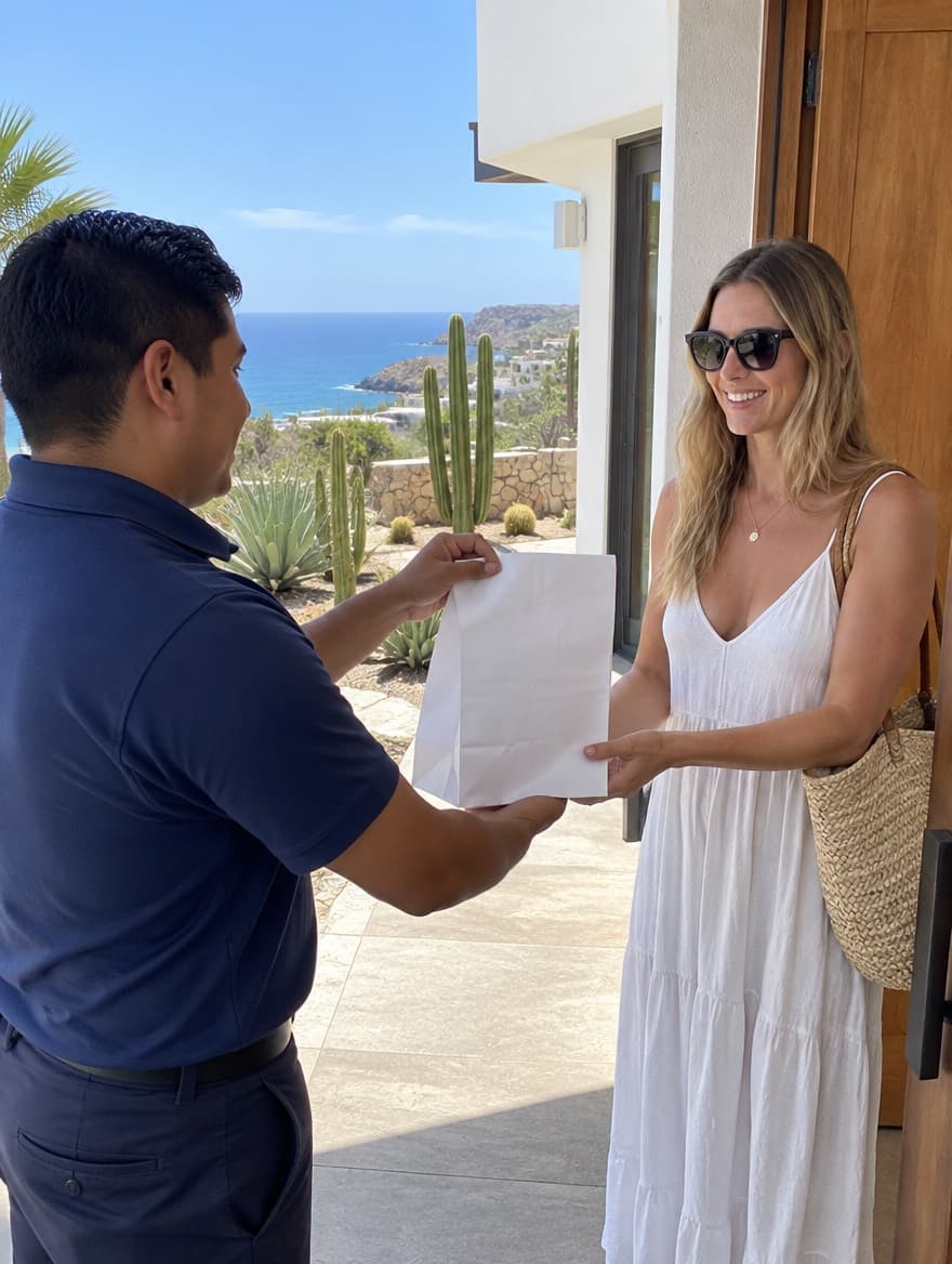 Courier handing a sealed pharmacy bag to a guest at a villa door in Los Cabos