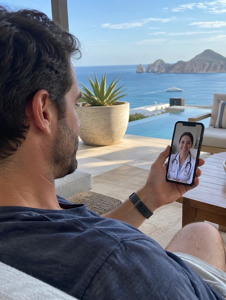 Guest on a villa terrace having a video consultation with a doctor on a phone